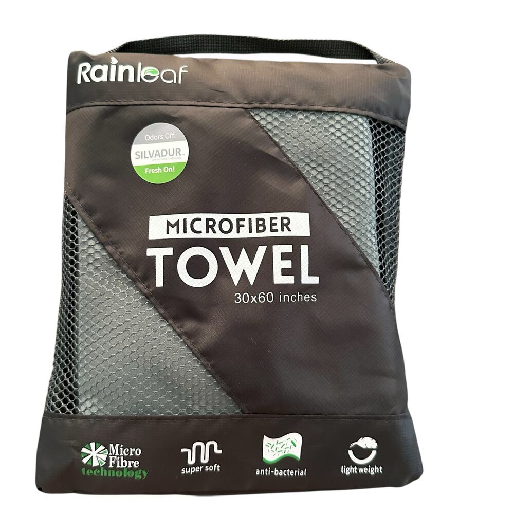 Rainleaf Microfiber Towel 30x60 Inches Gray Anti-Bacterial Lightweight - NWT - Picture 1 of 5